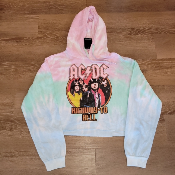 AC/DC Tops - ACDC High Way to Hell Sweater Womens Large Long Sleeve Tie Dye Crop Hoodie New